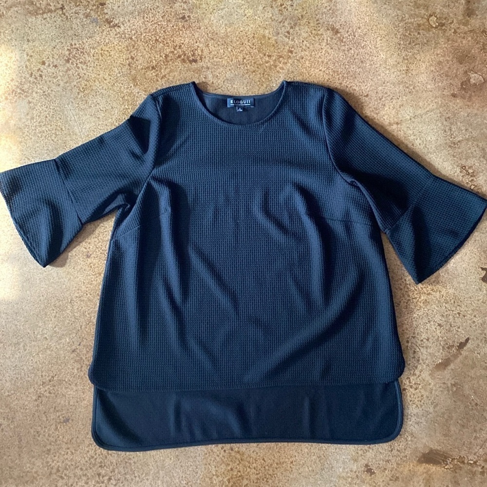 Eloquii black waffle texture scoop neck bell sleeve tunic‎ top